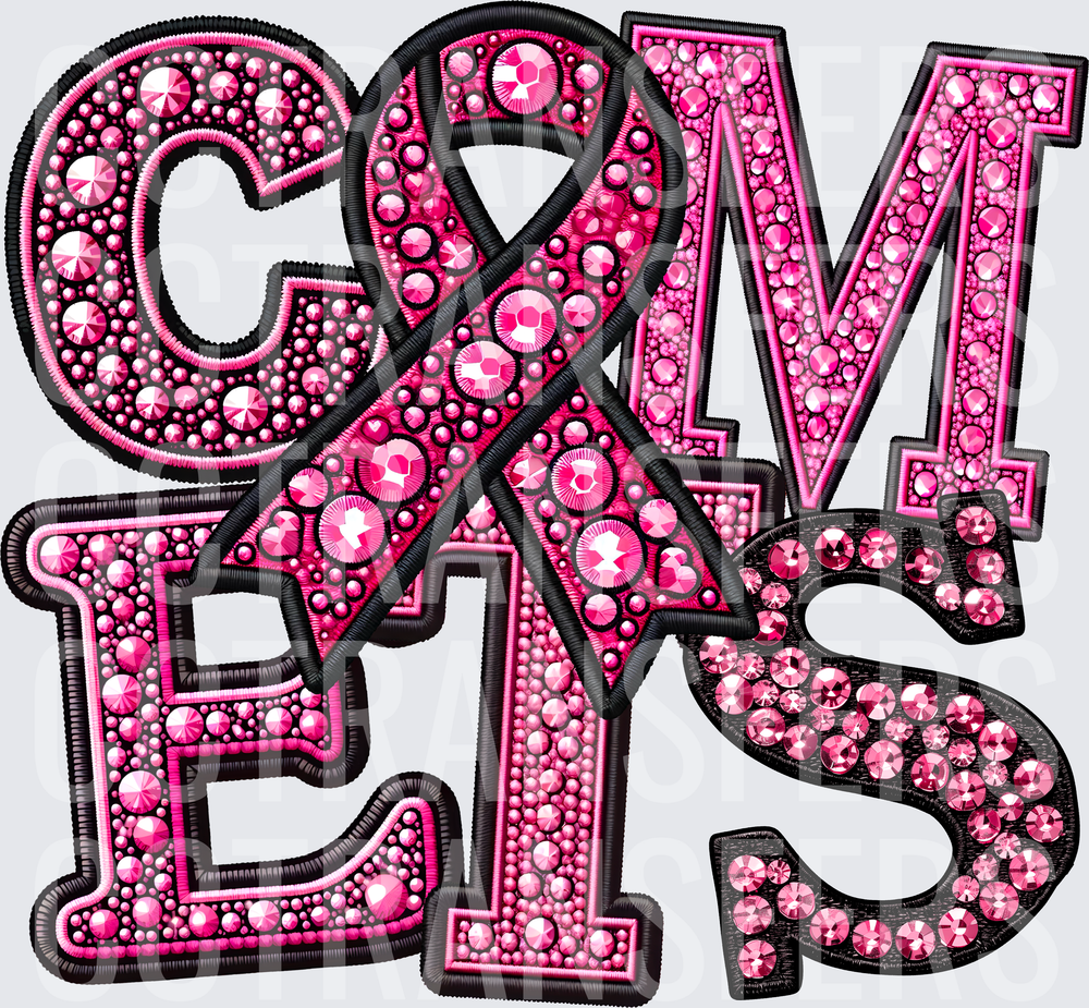 Rhinestone Pink Ribbon COMETS Embroidered Patch Style (DTF)