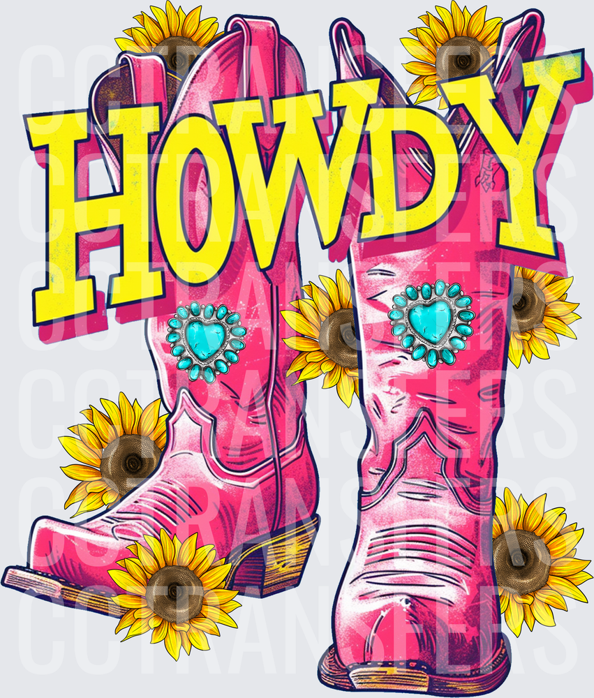 Howdy Pink Cowboy Boots Turquoise Hearts Sunflowers (DTF)