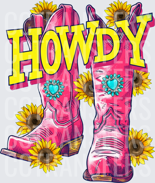 Howdy Pink Cowboy Boots Turquoise Hearts Sunflowers (DTF)