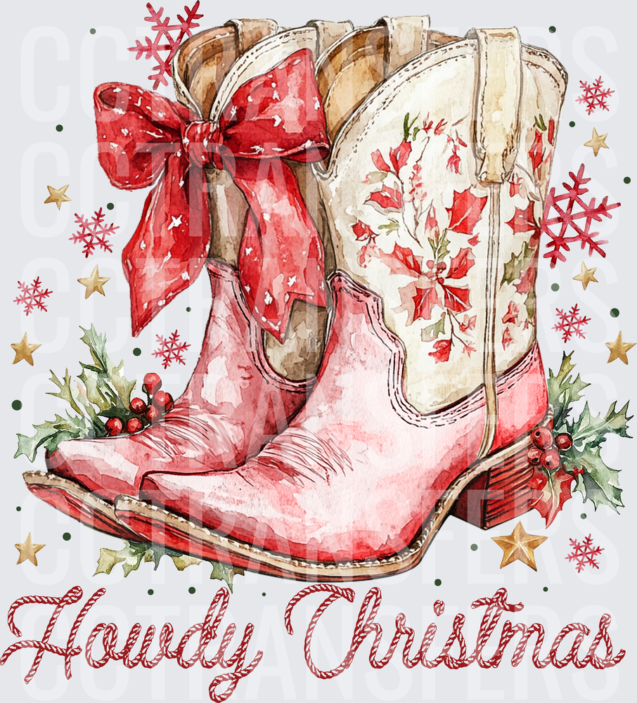 Howdy Christmas Watercolor Cowboy Boots Holly Bow (DTF)