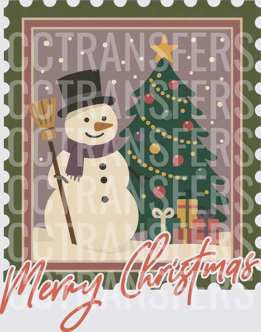 Merry Christmas Vintage Stamp Snowman & Tree (DTF)