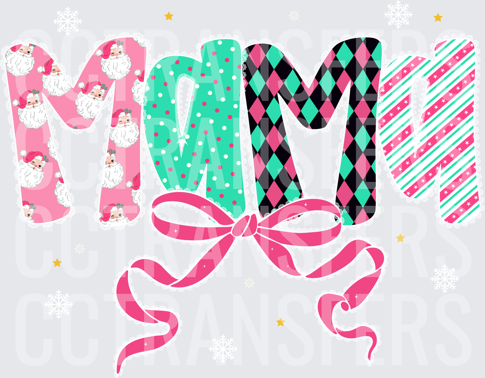 Mama Christmas Pink Bow Patterned Letters (DTF)