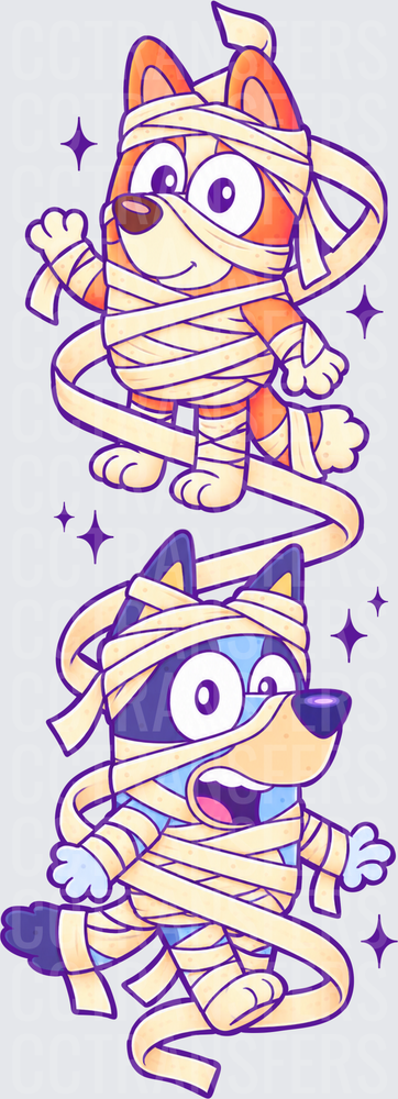 Cartoon Puppy Sisters Wrapped in Mummy Bandages Halloween (DTF)