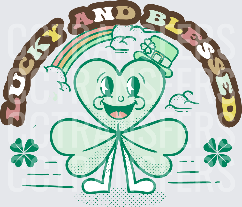 Lucky And Blessed Retro Shamrock Character Rainbow (DTF)