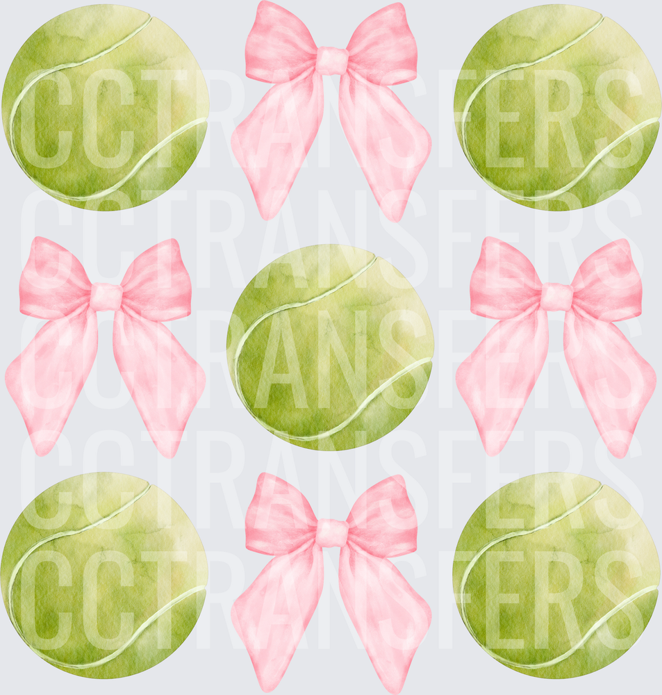 Watercolor Tennis Balls and Pink Bows Pattern (DTF)