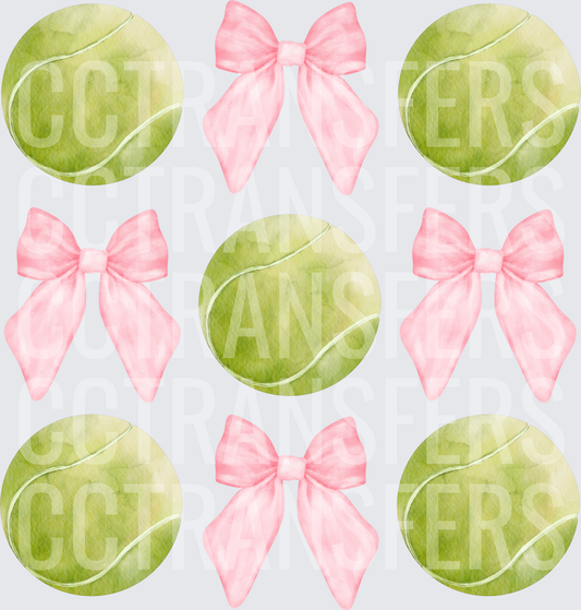 Watercolor Tennis Balls and Pink Bows Pattern (DTF)