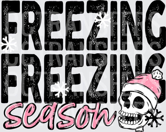 Freezing Season Skull Pink Santa Hat Winter Text (DTF)