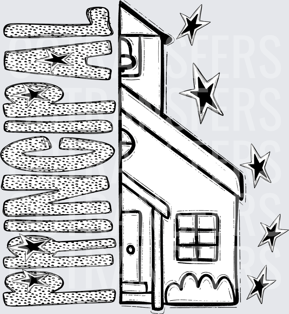 Sketchy House With Stars And Wavy Polka Dot Text (DTF)