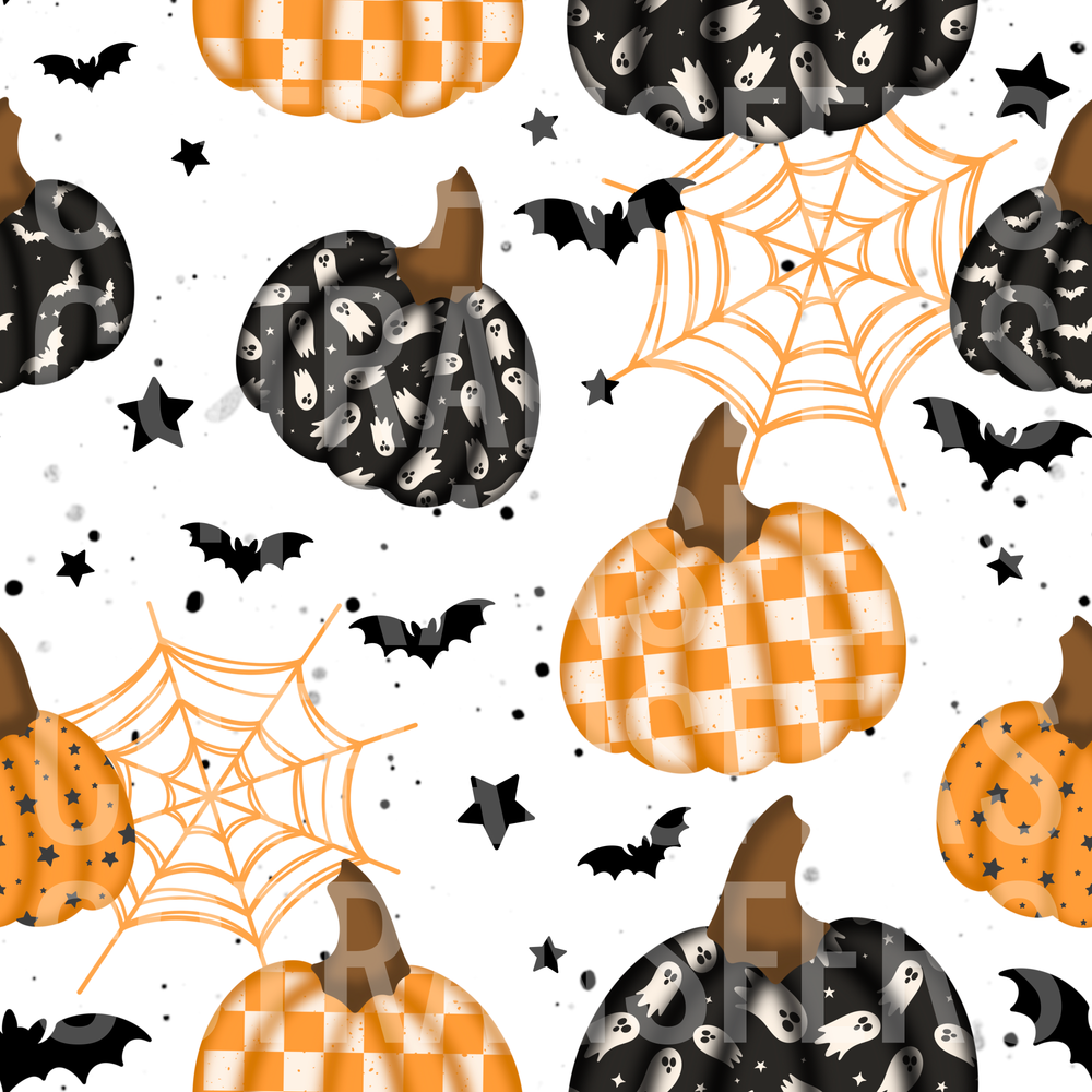 Halloween Pumpkin Pattern Bats Ghosts Spiderwebs Stars (DTF)