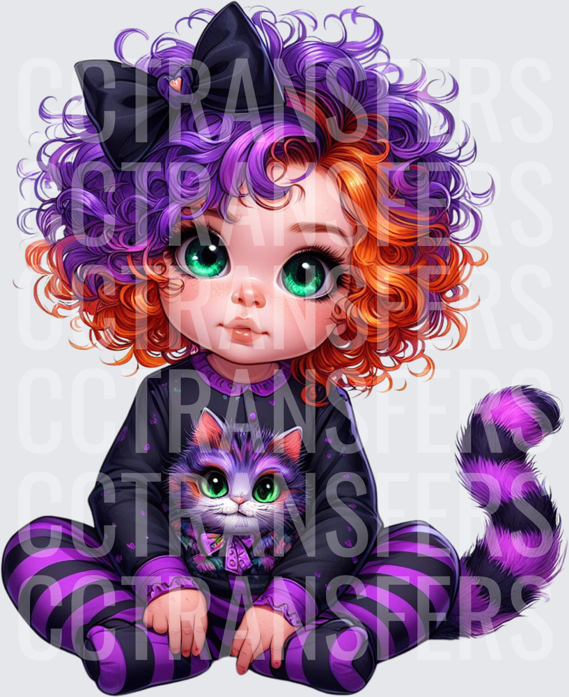 Curly Purple Orange Hair Girl Cheshire Cat Outfit (DTF)