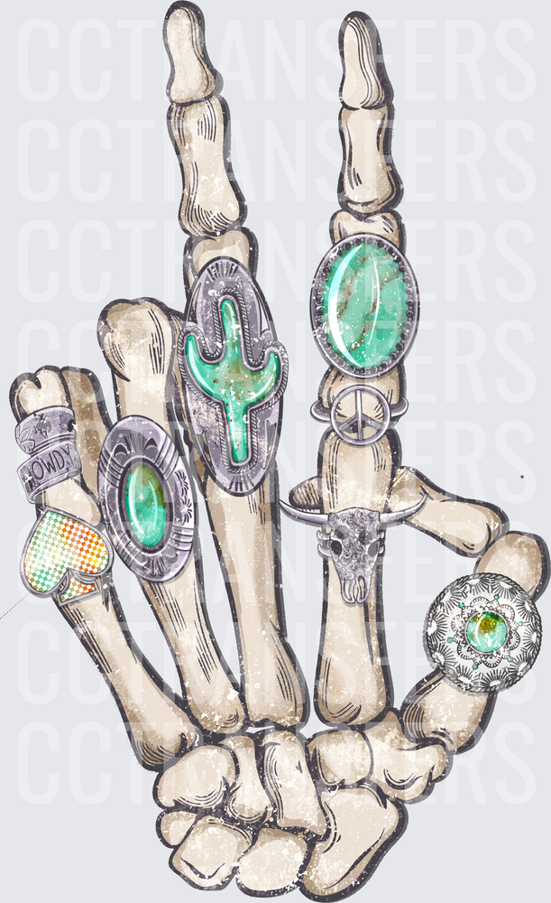 Skeleton Hand Rock Sign Turquoise Western Rings Howdy (DTF)