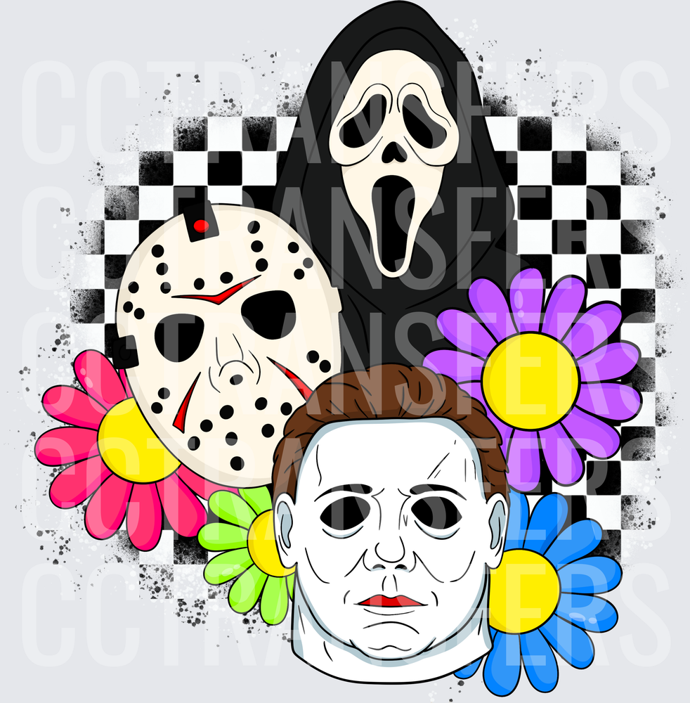 Horror Icon Trio Checkered Floral Daisy Design (DTF)