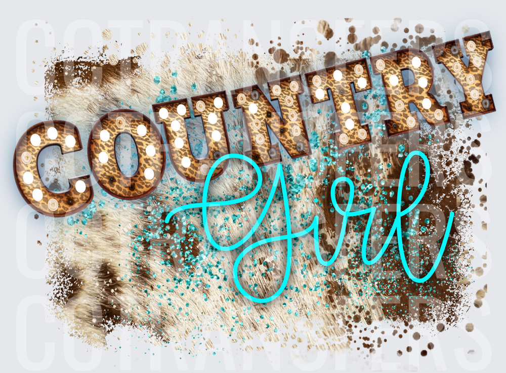 Country Girl Leopard Marquee Lights Cowhide Turquoise (DTF)