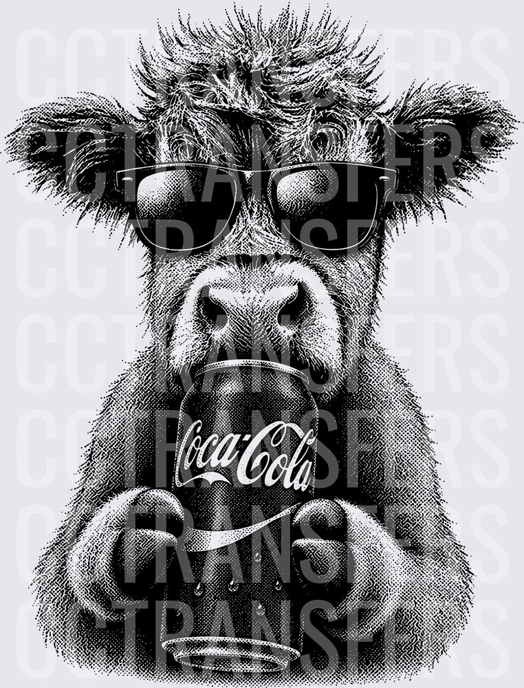 Fluffy Cow Wearing Sunglasses Holding Soda Can (DTF)
