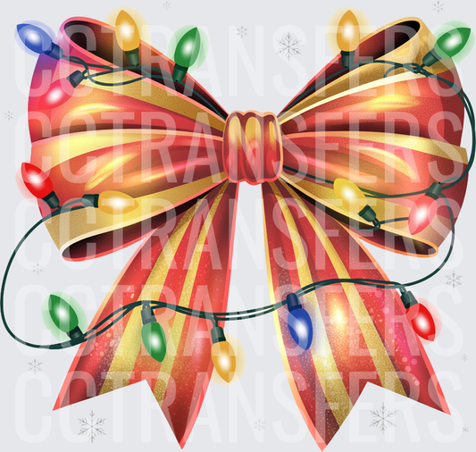 Red Gold Striped Bow Wrapped in Colorful String Lights (DTF)