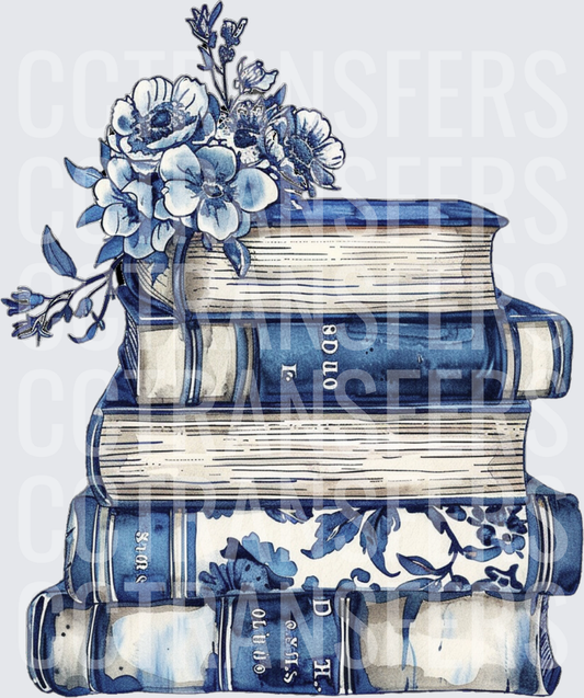 Blue and White Floral Stacked Vintage Books (DTF)