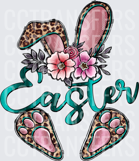 Easter Leopard Bunny Ears Floral Teal Script (DTF)