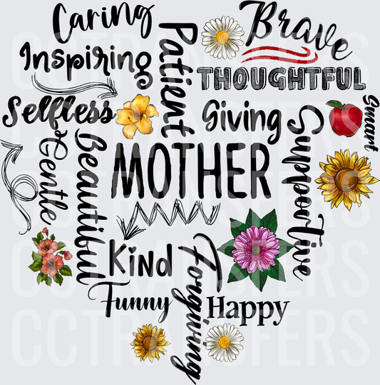 Mother Heart Word Cloud Floral Typography (DTF)