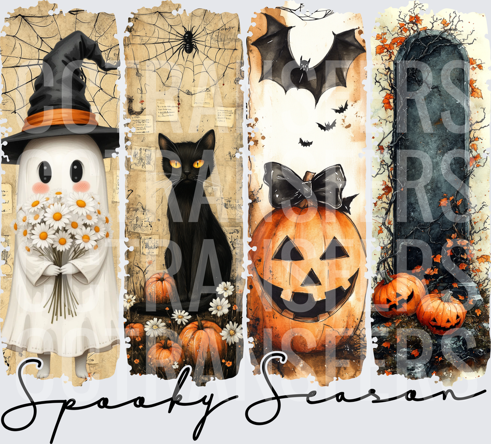 Spooky Season Halloween Four Panel Vintage Ghost Cat Pumpkin (DTF)