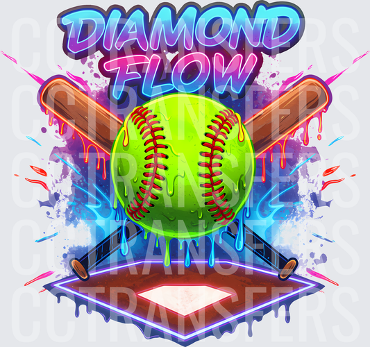 Diamond Flow Neon Drip Softball Crossed Bats Home Plate (DTF)