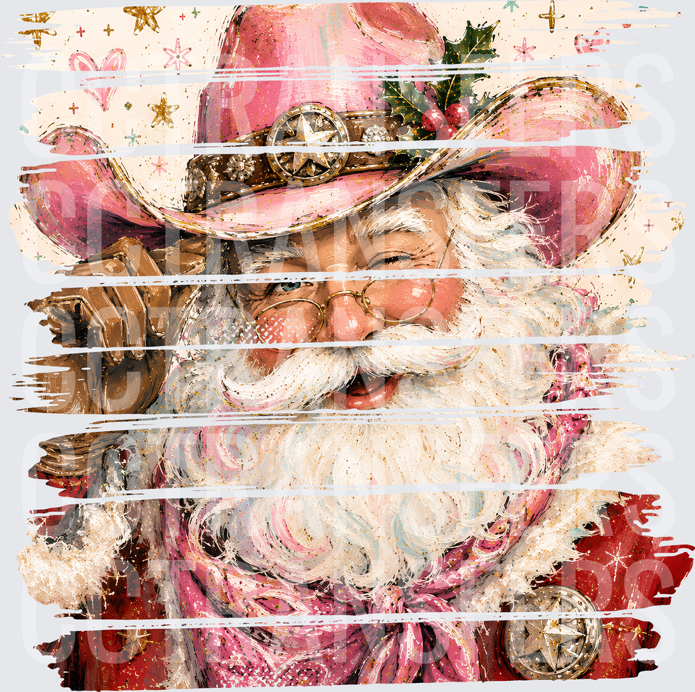 Jolly Cowboy Santa Pink Hat Holly Gold Stars (DTF)