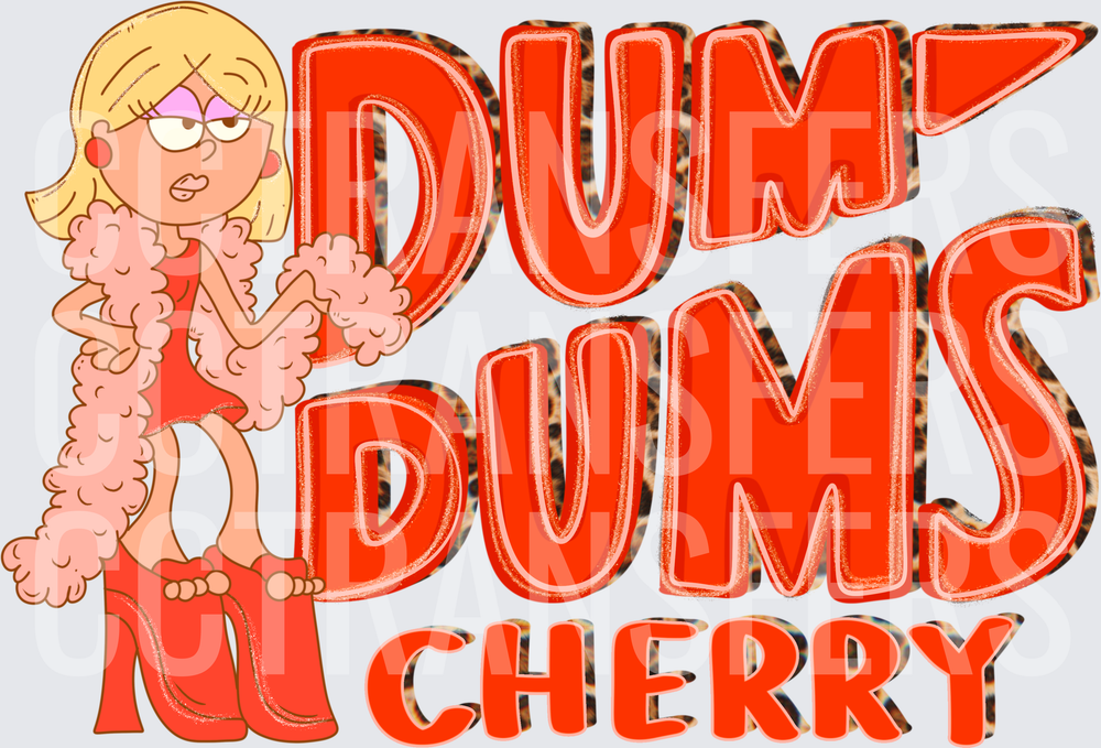 Dum Dums Cherry Blonde Cartoon Girl Leopard Text (DTF)