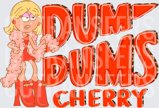 Dum Dums Cherry Blonde Cartoon Girl Leopard Text (DTF)