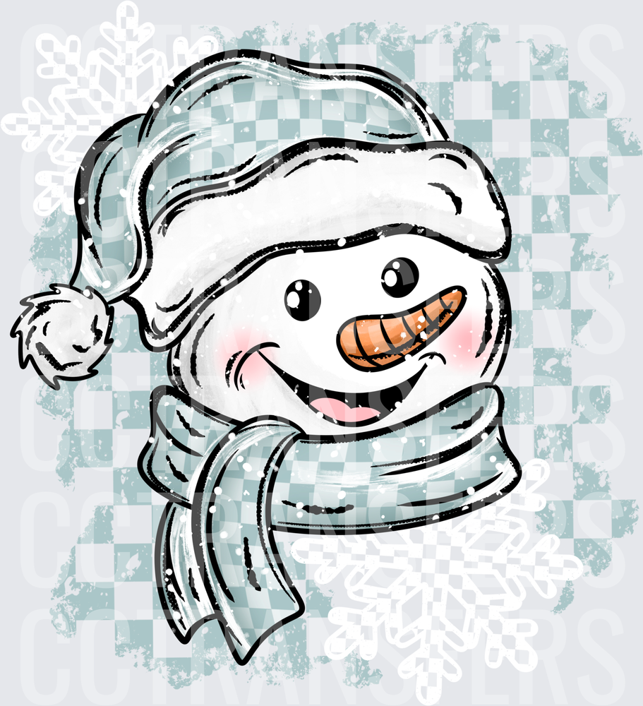Cheerful Snowman Santa Hat Plaid Scarf Winter (DTF)