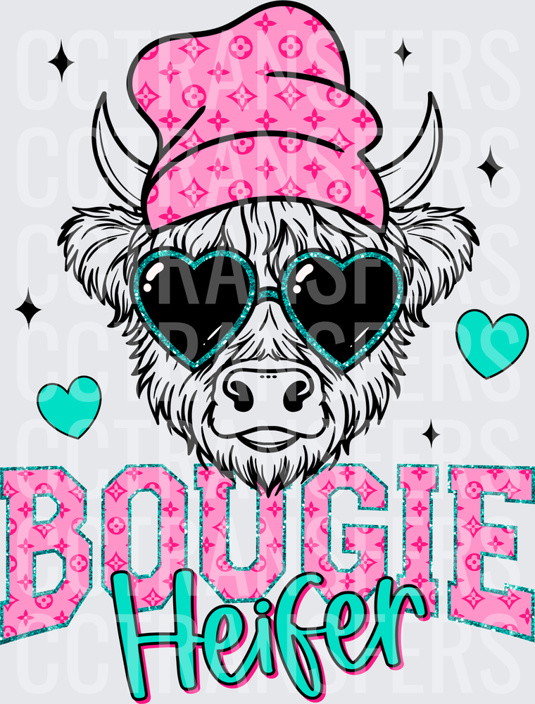 Bougie Heifer Highland Cow Pink Beanie Heart Sunglasses (DTF)