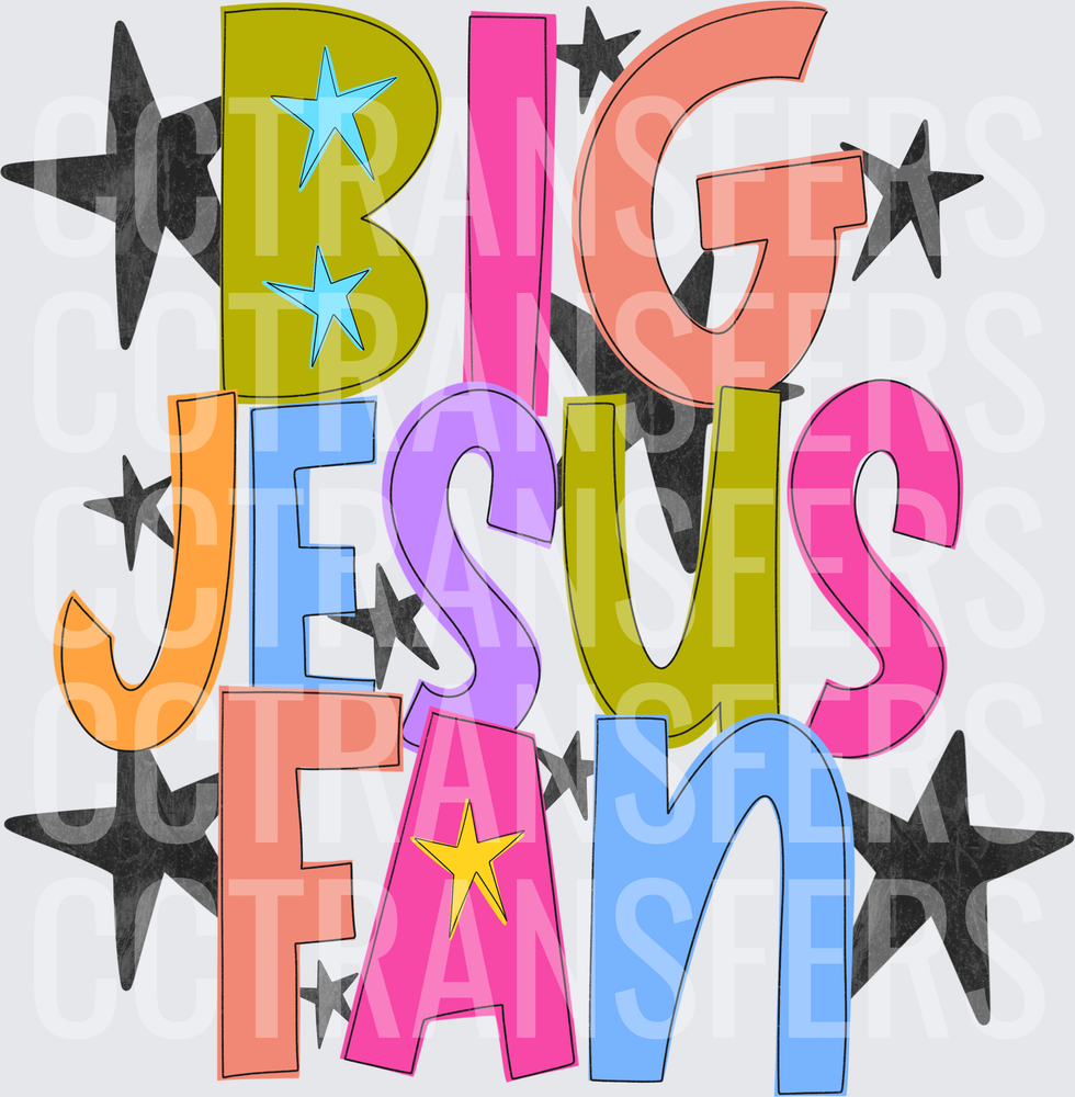 Big Jesus Fan Colorful Bold Text Stars (DTF)