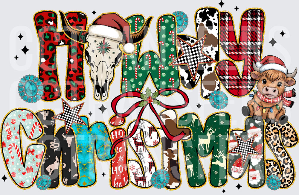Merry Christmas Western Cow Skull Leopard Plaid Patterned (DTF)