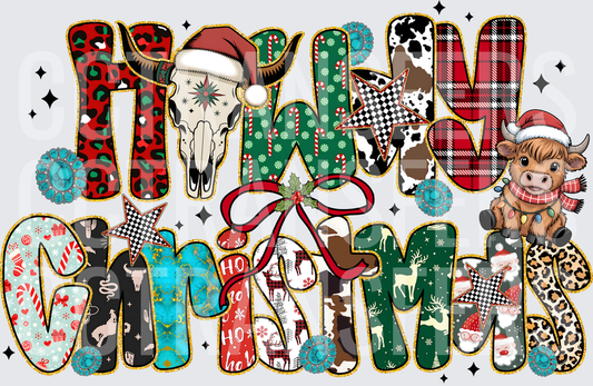 Merry Christmas Western Cow Skull Leopard Plaid Patterned (DTF)