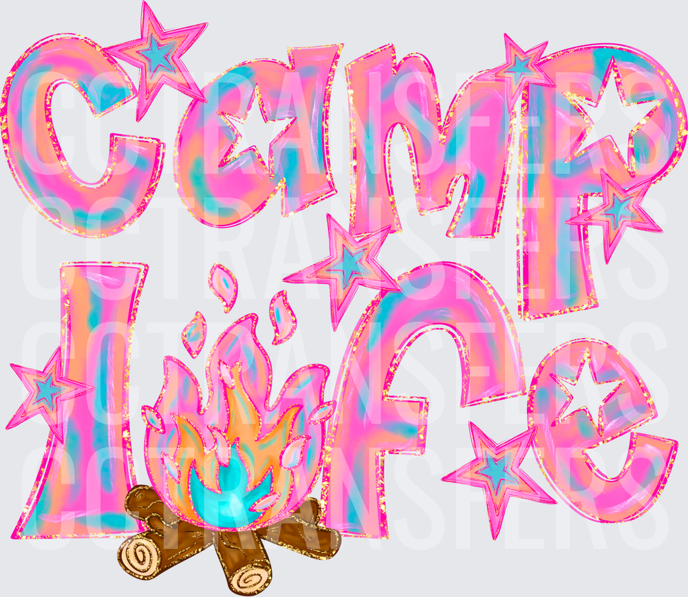 Camp Life Groovy Pink Holographic Campfire Stars DTF