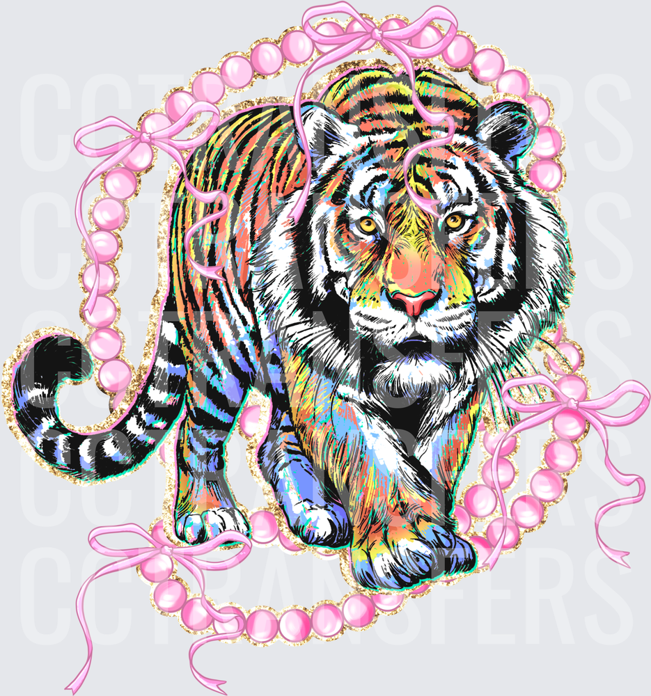Colorful Tiger Pink Pearl Beads Gold Frame Bows (DTF)