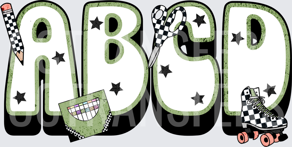 ABCD Retro Checkered School Supplies Letters Stars (DTF)
