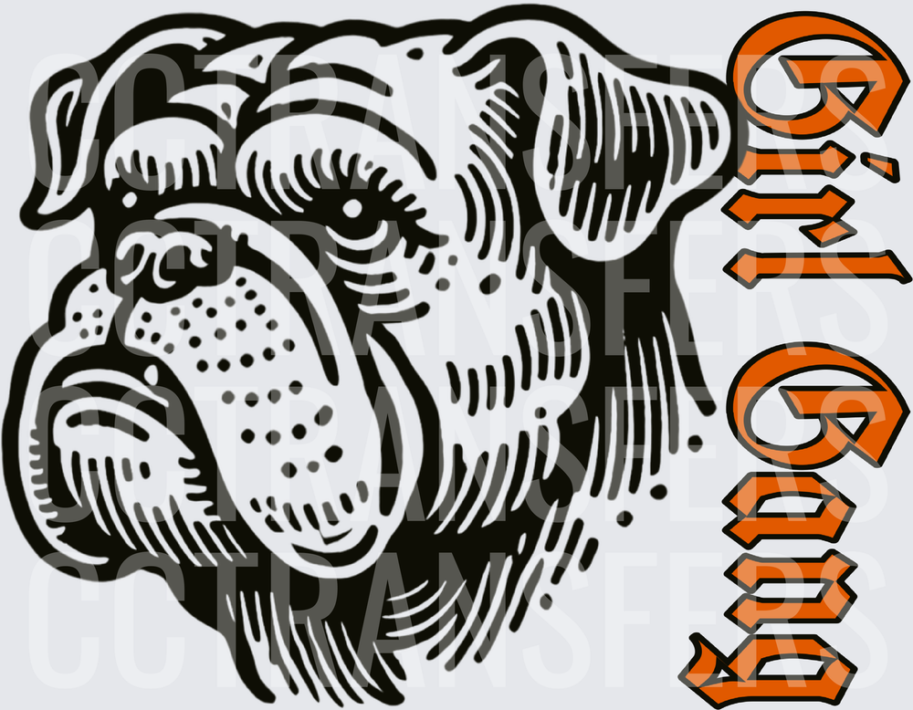 Black and White Bulldog Face Girl Gang Orange Text (DTF)