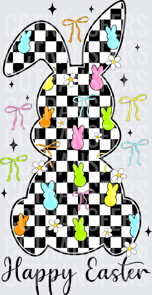 Happy Easter Checkered Bunny with Colorful Chicks & Bows (DTF)