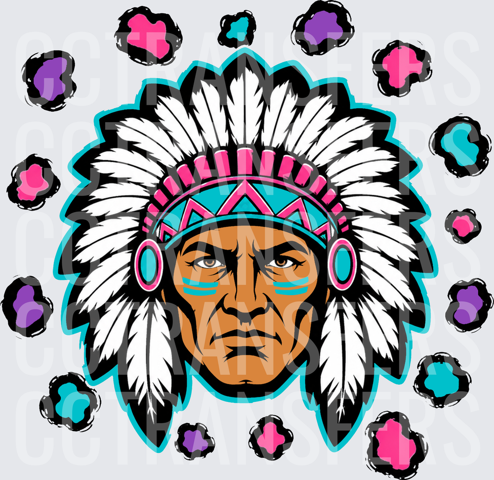 Native Chief War Bonnet Colorful Leopard Print Spots (DTF)
