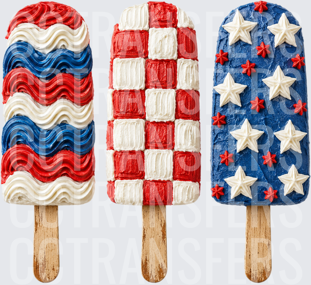 Patriotic Red White Blue Stars Frosted Ice Cream Pops (DTF)