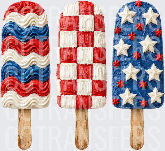 Patriotic Red White Blue Stars Frosted Ice Cream Pops (DTF)