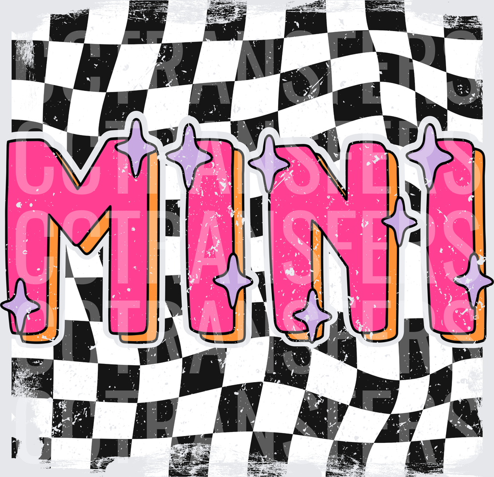 Mini Retro Pink Bold Text Checkered Flag Sparkle Design (DTF)