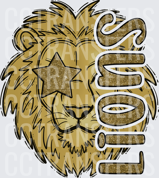 Gold Glitter Lion Face Star Eye Lions Mascot (DTF)