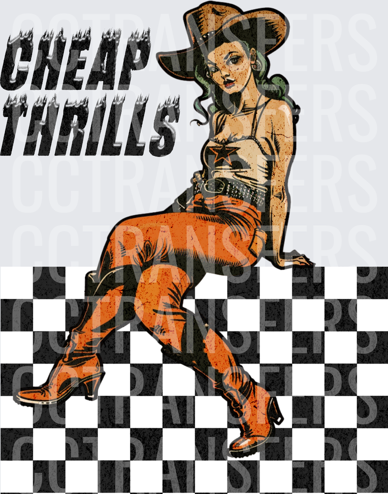 Cheap Thrills Cowgirl Pinup on Checkered Floor (DTF)