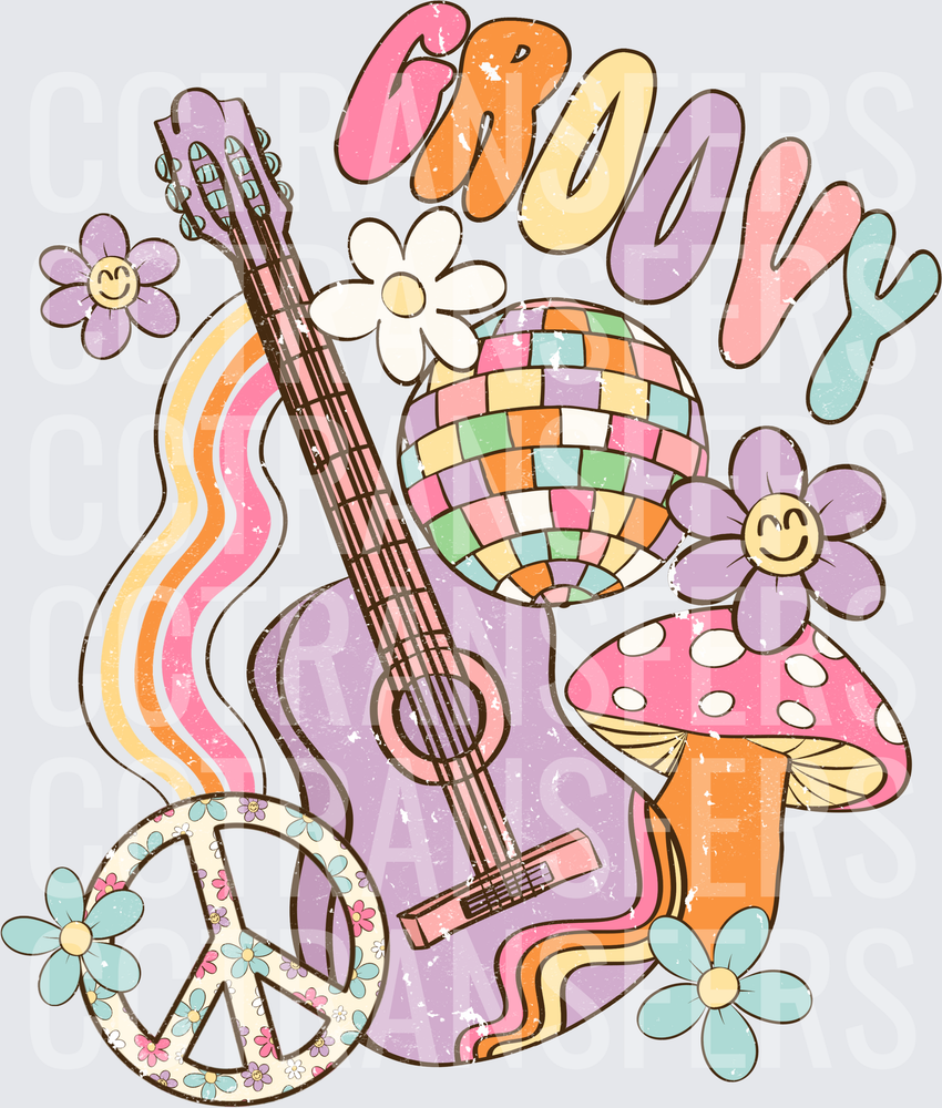Groovy Retro Guitar Peace Sign Disco Ball Mushroom Flowers (DTF)