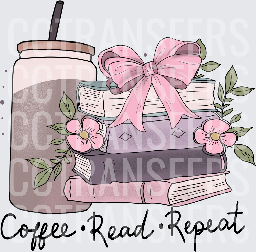 Coffee Read Repeat Stacked Books Pink Bow Floral (DTF)