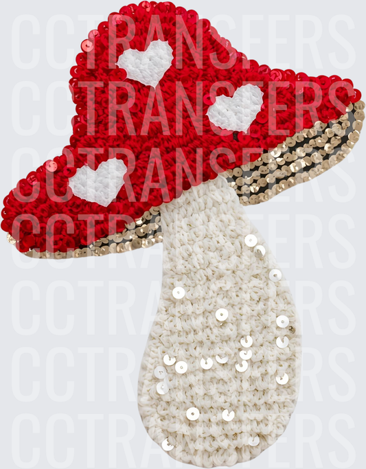Sequin Crochet Red Mushroom with White Hearts (DTF)