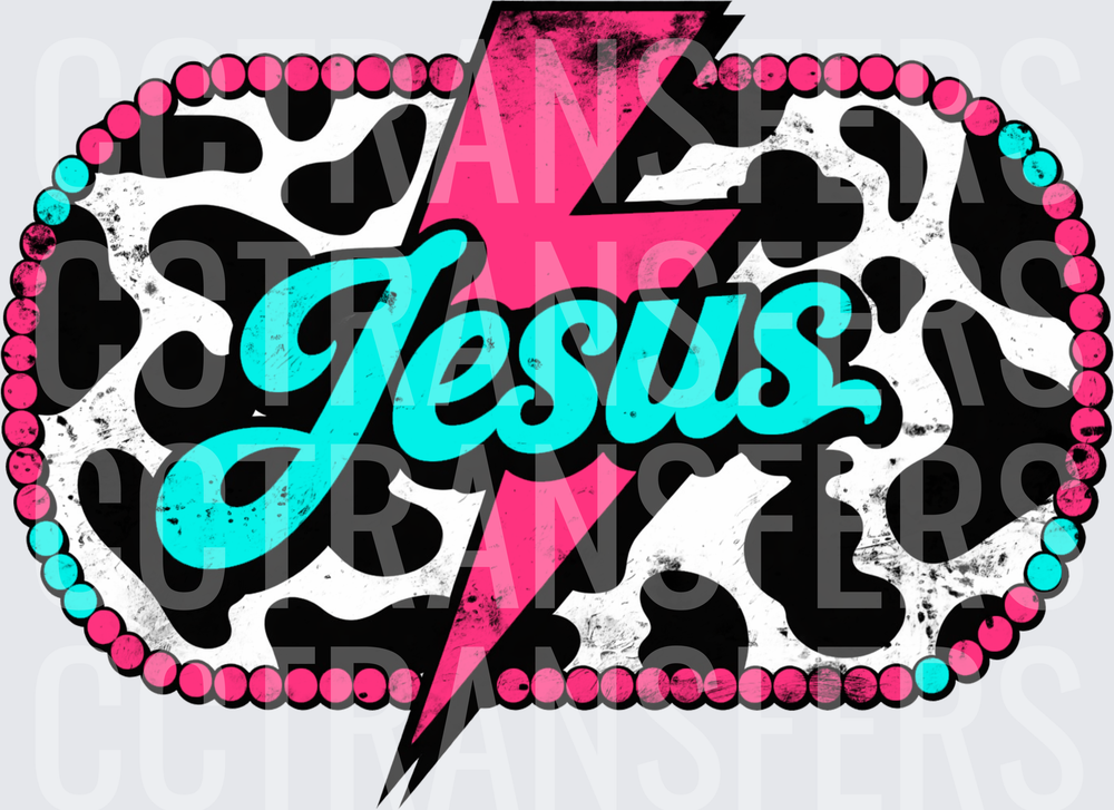 Jesus Cow Print Lightning Bolt Beaded Oval (DTF)