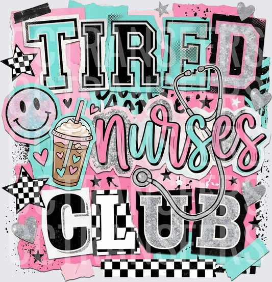 Tired Nurses Club Retro Collage Pink Teal Stethoscope (DTF)