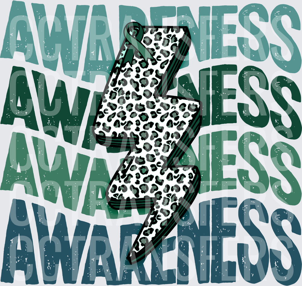 Teal Awareness Leopard Lightning Bolt with Ribbon (DTF)