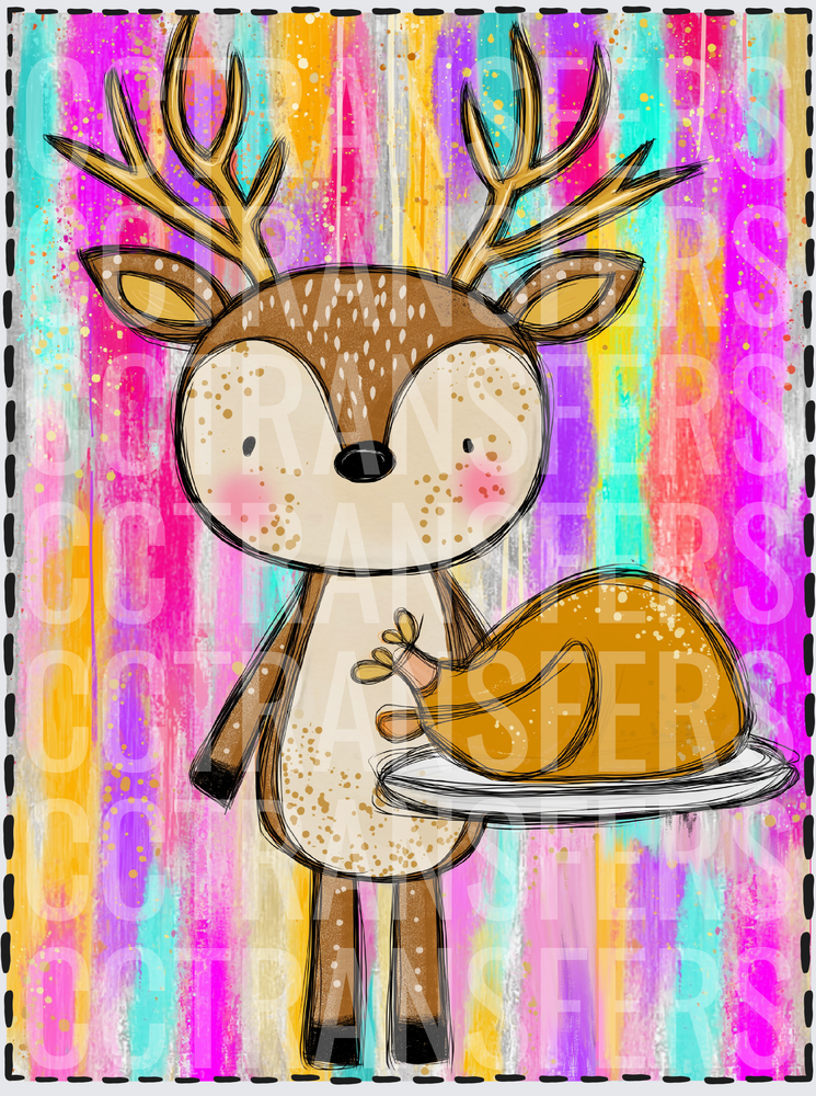 Cute Cartoon Deer Holding Roasted Turkey Platter Colorful (DTF)